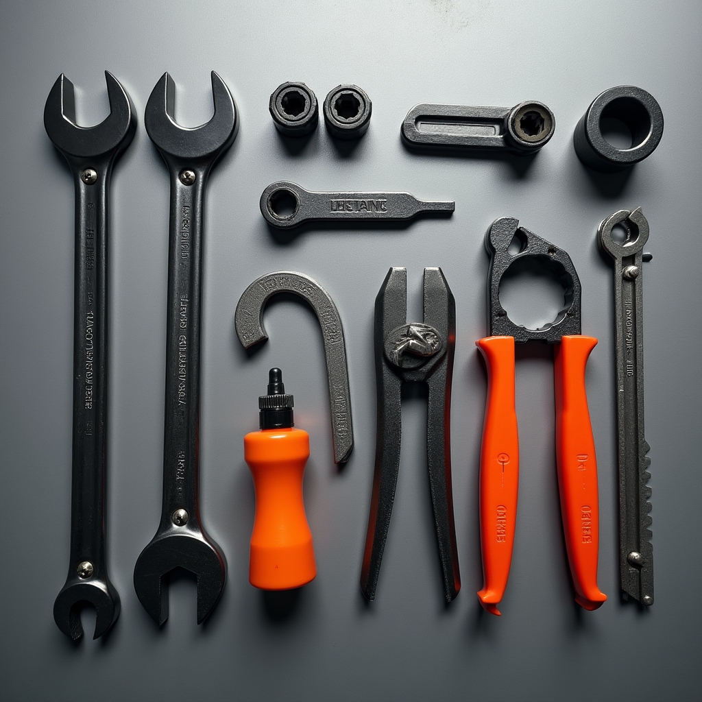 Set di attrezzi professionali per riparazione biciclette disposti su banco da lavoro