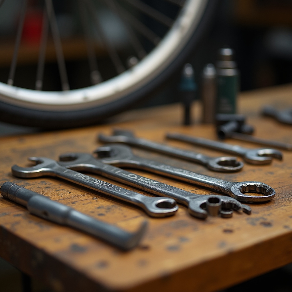 Chiavi brugole, chiavi a tubo e attrezzi specifici per bicicletta su superficie metallica