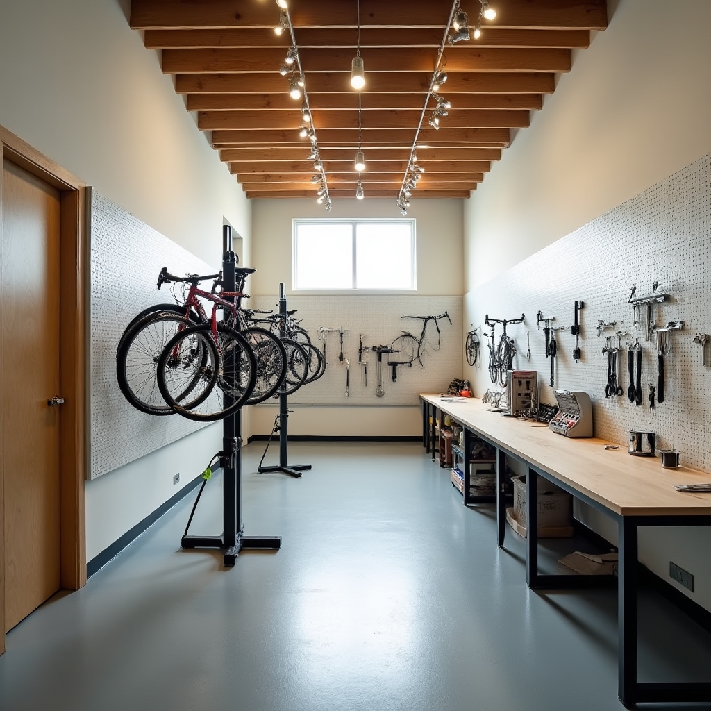 Interno del laboratorio di riparazione biciclette con banco da lavoro e attrezzi