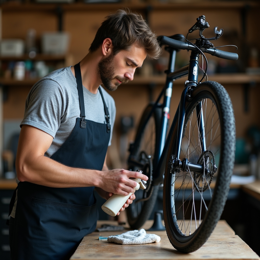 Pulizia della catena di una bicicletta con sgrassante e spazzola