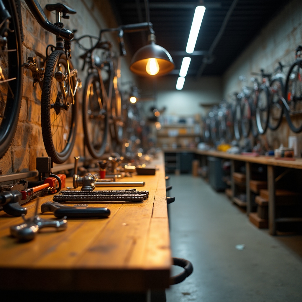 Laboratorio di riparazione biciclette con attrezzi professionali